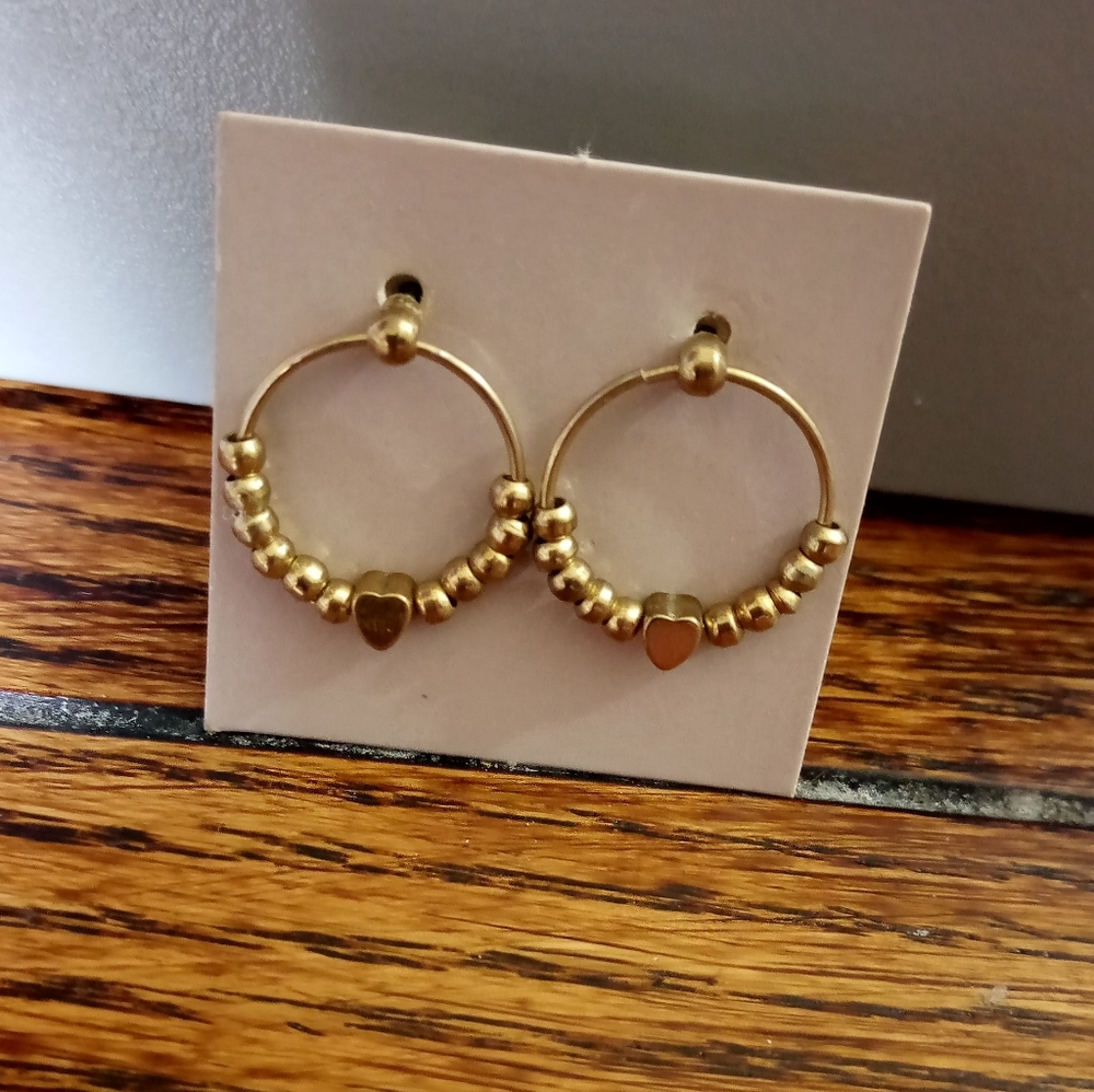 Goldtone Beaded Heart Hoop Earrings